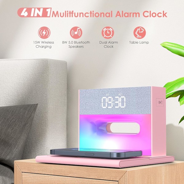 Til soveværelser, vækkeur Bluetooth-højttaler, vækkeur med trådløs opladning, 4 i 1 touch-senglampe, Bluetooth-vækkeur til tunge pink