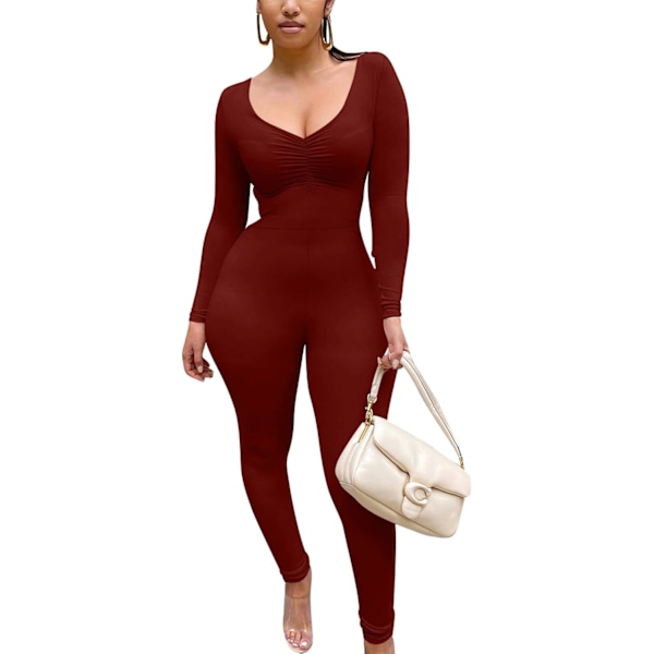 Women's Sexy Long Sleeve Bodycon One Piece Jumpsuits Club Outfits V Neck Ruched