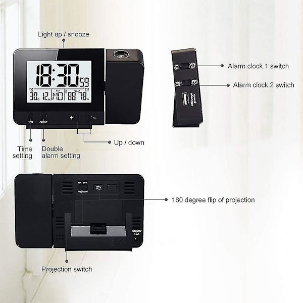 Projektionsvækkeur til soveværelse med termometer Hygrometer Digital projektionsur Dæmpbar LED-skærm med USB-oplader 180 drejelig med Dua