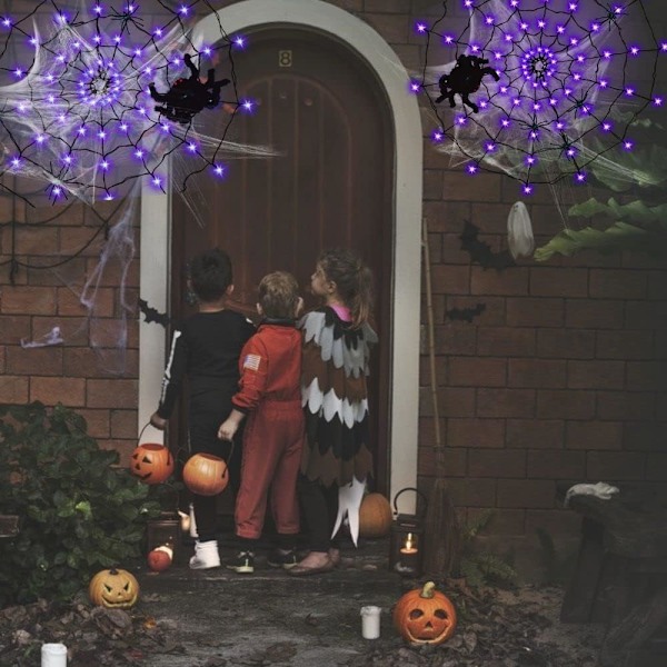 Halloween-dekorasjoner edderkoppnettlys, 70 LED-edderkoppnettlys for Halloween-dekorasjon innendørs utendørs vanntett, edderkopp LED-lys batteri lilla