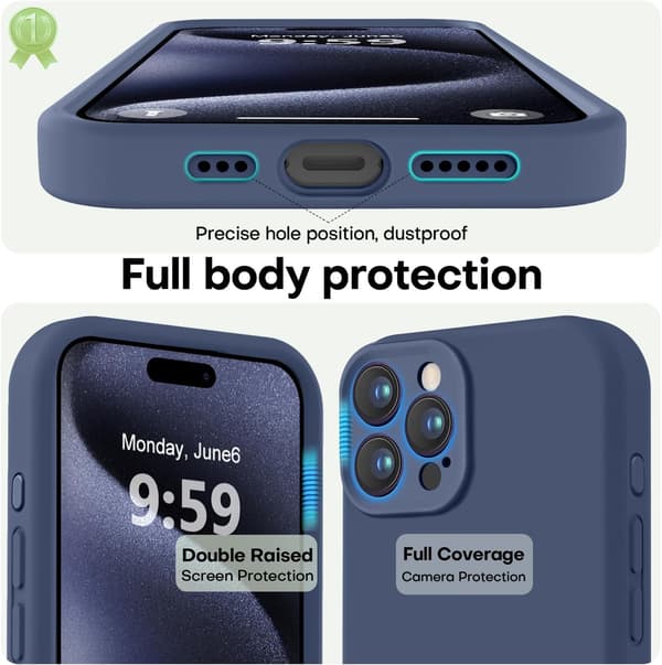 iPhone 15 Pro-deksel i førsteklasses silikon med mikrofiberfôr, støtsikkert - Blått