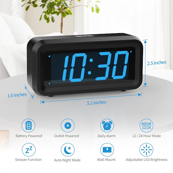 Väckarklocka, sladdansluten/batteridriven, uppgraderad större knapp, 1,2-tums LED-siffervisning, justerbar LED-ljusstyrka, 12H/24H, blå LED-display