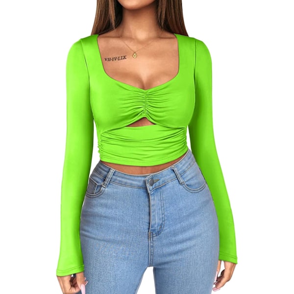 Kvinners Sexy Cut Out Langærmet Crop Top Ruched Slim Fit Basic T-skjorter