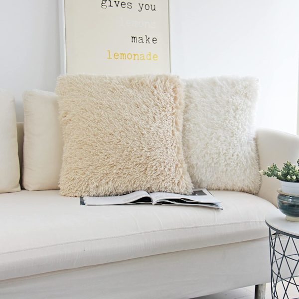 Fluffy dekorative putetrekk (18x18 tommer, 2-pakning, beige)
