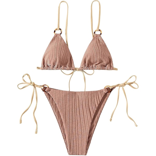 Kvinnors Triangel String Bikini Ribbad O Ring Tie Side Tvådelad Baddräkt