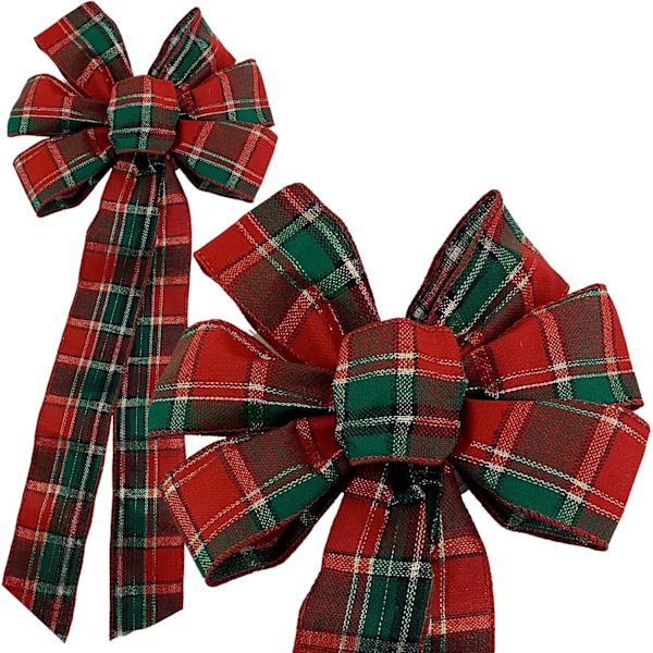 Grön röd rutig julbåge - 10\" bred, 18\" lång förbunden båge, tartan, dörr