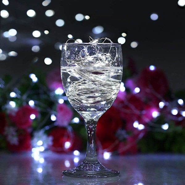 2 Set Julgransljus Batteridrivna, 16ft 50LED, Fjärrkontroll Timer Twinkle String Lights 8 Lägen Silvertråd Firefly Lights för Vit