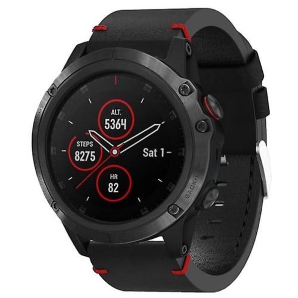 For Garmin Fenix 5x Plus 26mm Læder Søm Stål Spænde Urrem FLS Black
