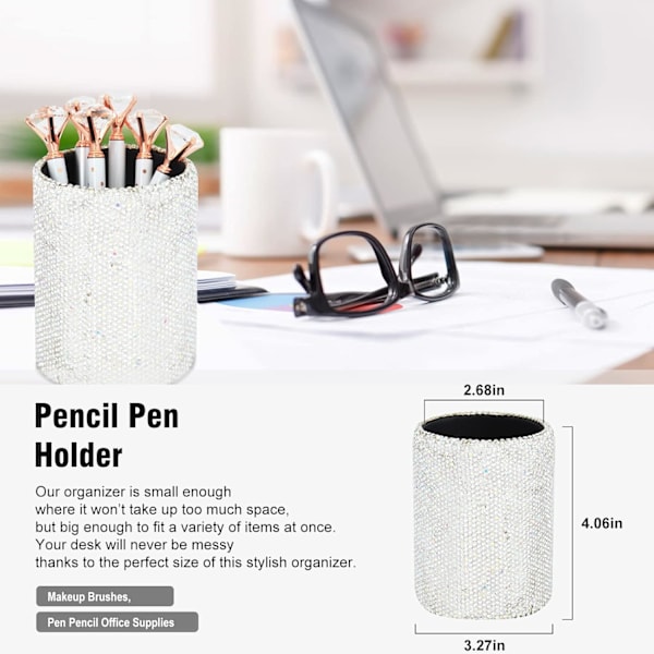 Bling Crystl Luxury  Dimond Round ncil n Pot Holder & Stpler & Crd Holder & Desktop T Disnser Office Sttionery Kit for Fshion White