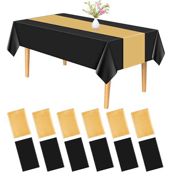 12-pack plastdukar och en satin bordslöpare set svart rektangulär bordsduk gol bordslöpare för Weing födelsedag Halloween Grauation Par Black