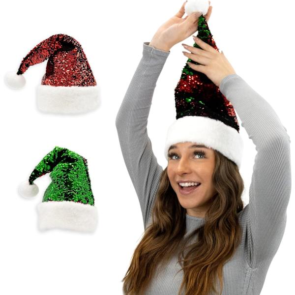 Plushible Hat - Rød og grøn Flip Sequin Julehatte til Teenagere og Børn