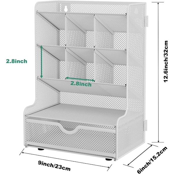Skrivebordsarrangør med skuffe, netbakke til skrivebord, multifunktionel blyantholder, nem montering, vægmonteret metalopbevaring til skole, hvid