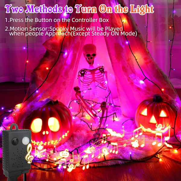 105FT 300 LED Lilla Oransje Lys Bevegelsesaktivert Synkronisering med 4 Skummel Musikk, 6 Moduser Halloween Lyslenke for Fest Hage Utendørs Innendørs Dekor