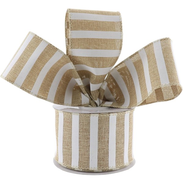 2.5 Inch Natural Wired Ribbon Horizontal White Stripe Wired Edge Burlap Ribbon