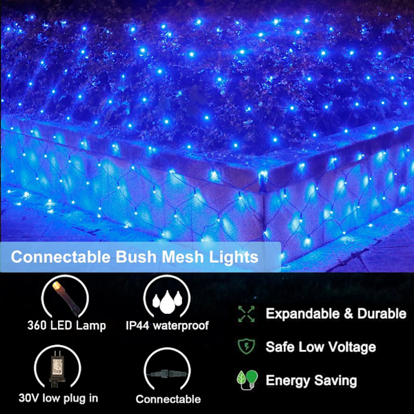 360LED Blå Nätljus, 21ft x 5ft Anslutningsbara Julnätljus 8 Belysningslägen med Minnesfunktion, Utomhus Buske Slingljus för Blå