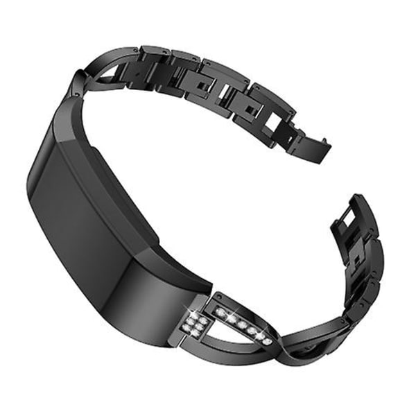 X-formad diamantprydd massivt armband i rostfritt stål för Fitbit Charge 2 OMH Black