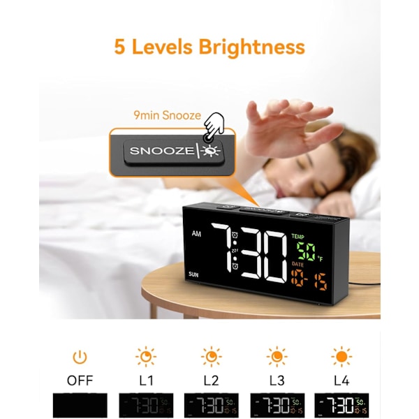 Digital väckarklocka med datum, temperatur och veckodag, manuell sommartid, snooze, 2 larm, 4 volymer, sängbordsur för vardagsrum