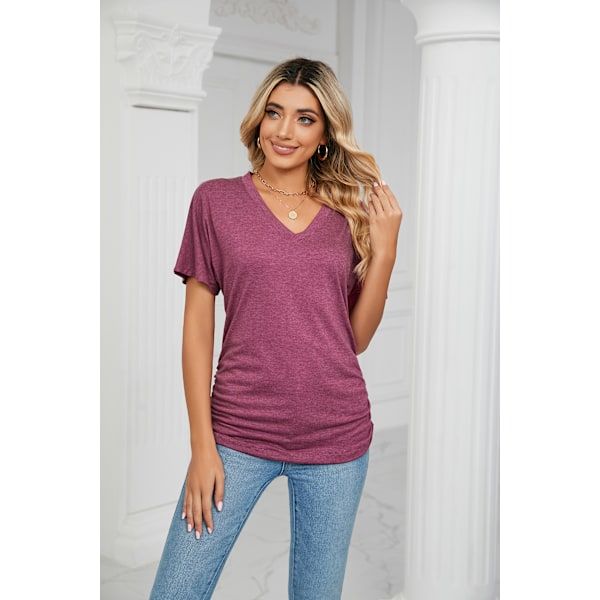 V-ringad enfärgad lös T-shirt damtopp