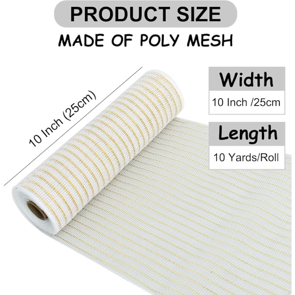 Hvid Metallic Deco Mesh Bånd 10 Tommer x 10 Yard Stof Mesh Rulle Dekorativ