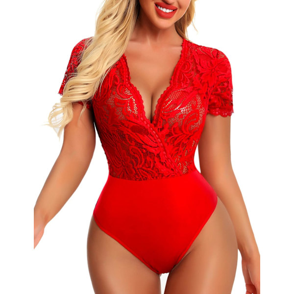 Women Lace Bodysuit Snap Crotch Lingerie Short Sleeve Deep V Teddy Sexy One