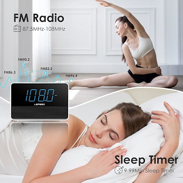 Väckarklocka Radio Bluetooth V5.2 Högtalare med HD-ljud och bas, Blå display med automatisk dimmer, Snooze, Sleep Timer, Justerbar volym, 5V1A USB Lvory