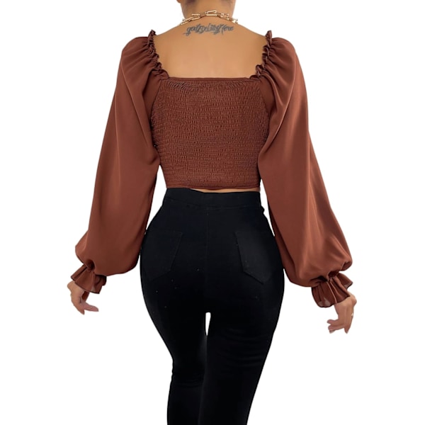 Kvinnors långärmad volang trimmad crop top rynkad volang blus