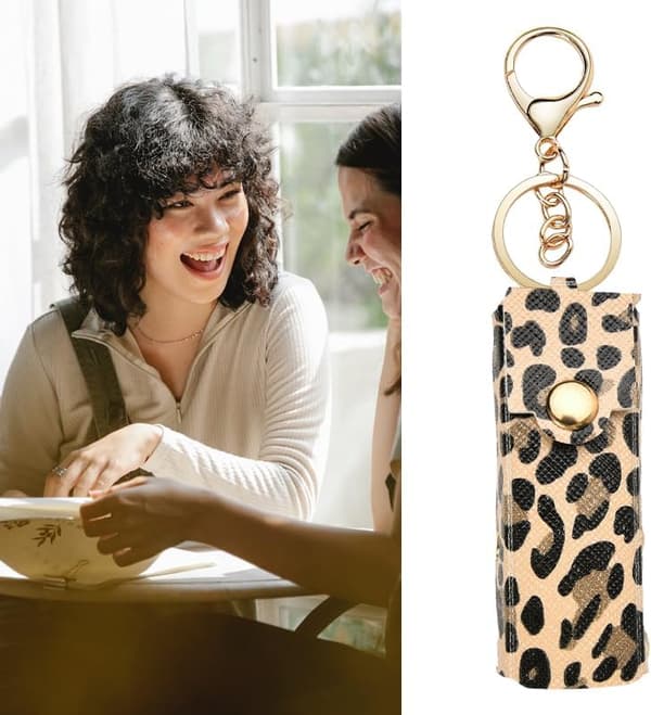 JamY Home Læbestift Gloss Etui Nøglering Chapstick Nøglering Holder til Kvinder Læbestift Organizer til Pung Leopard