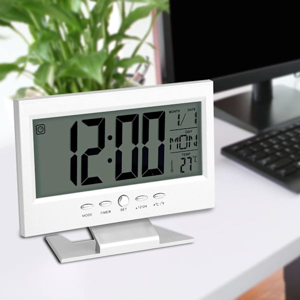 Bordsur, LCD-display Digital Sound Sensor Klocka Bordslarmklocka med Smart Nattljus och Snooze Tid/Kalender/Temperatur Display(Silver)