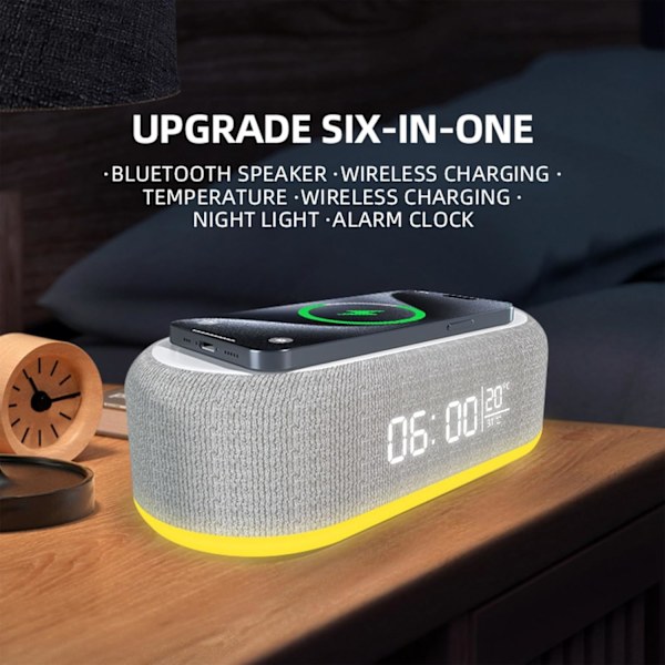 Bluetooth-højttaler med trådløs opladning, dobbelt vækkeur, 3 niveauer lysstyrke, sengelampe, digitalt ur 12/24 timer, 6 i 1 trådløs opladningsstation