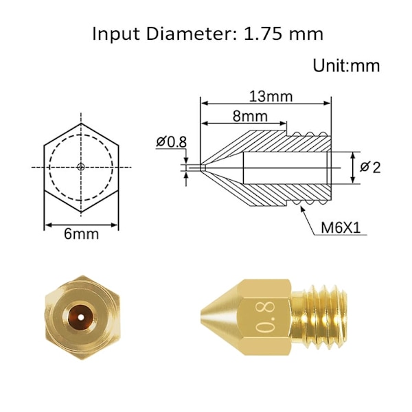 8 st 0,8 mm 3D-skrivarmunstycken - MK8 Extrudermunstycken för Makerbot, Creality, Anet