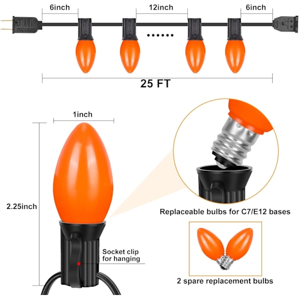 C7 Halloween-lys, 25FT udendørs orange LED-lyskæde med 27 orange LED-pærer (2 reserve), perfekt som Halloween-juledekoration til hjemmet