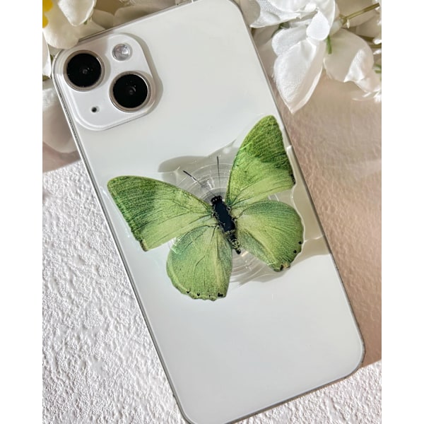 Fjäril Mobiltelefon Grepp, Sällsynt Fjäril, Sött Fjärilsstativ, Transparent Resin Vikbar Elastisk Bas, Mobiltelefon Dekoration Grön