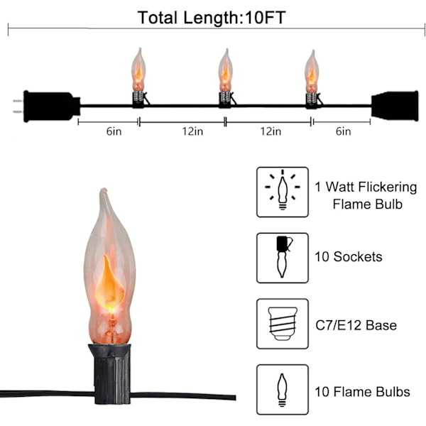 Flimrande flamspelsljus 10Ft Halloween C18 Utomhus ljusslinga, Flimrande bärnstensfärgade julljus med 10 E12 bas flamspärrar för flamma