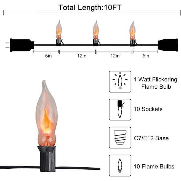 Flimrende flammelyssnor 10Ft Halloween C18 utendørs lyssnor, flimrende rav julelys med 10 E12 sokkelflammepærer for flamme