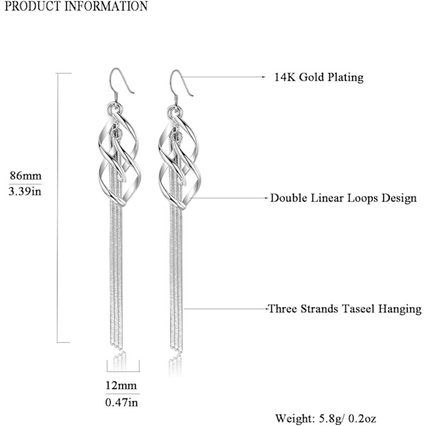 14K Guldpläterade Sterling Silver Dangle Örhängen Långa Linjära Drop Örhängen för
