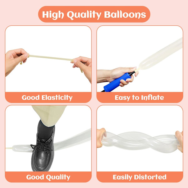 260 klare lange ballonger for ballongdyr, 100 stk vridbare ballonger