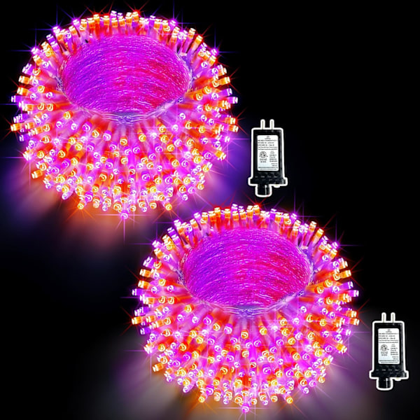 2 pakker med 66 fot 200 LED Halloween-lys utendørsdekorasjoner 8 moduser fe-lys plugg i strenglys med timer for utendørs husgårdstre