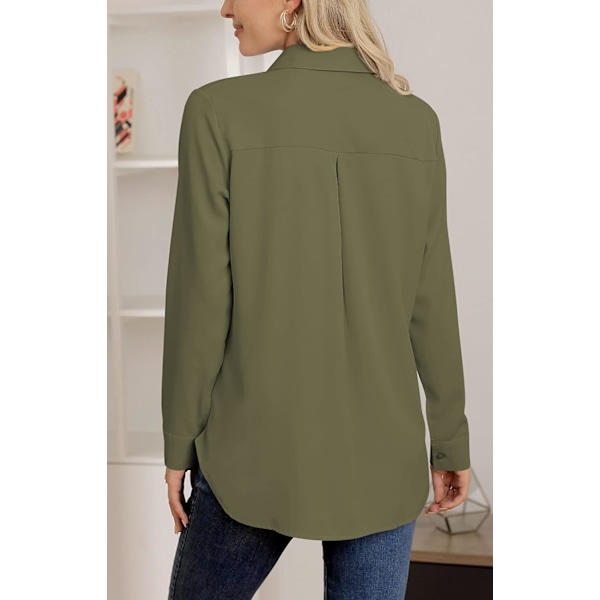 Dam Casual Button Down Skjortor V-hals Chiffon Långärmad Krage Kontor