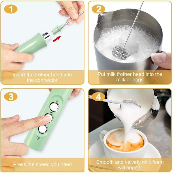 Stille Håndholdt Melkeskummer - USB Oppladbar, 3 Hastigheter for Cappuccino, Latte & Varm Sjokolade (Grønn)