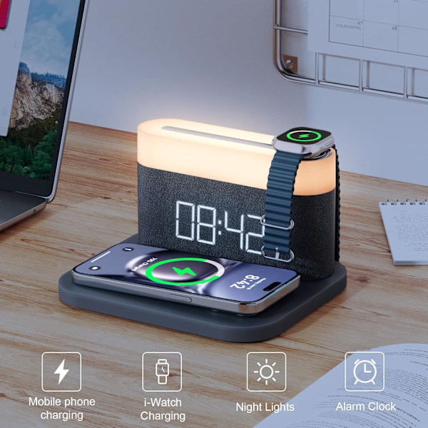Vekkerklokke med multifunksjonell mobiltelefonklokke Trådløs lading 15W Maks Touch-senglampe, 3 farger nattlys, sovetimer for grå S26W
