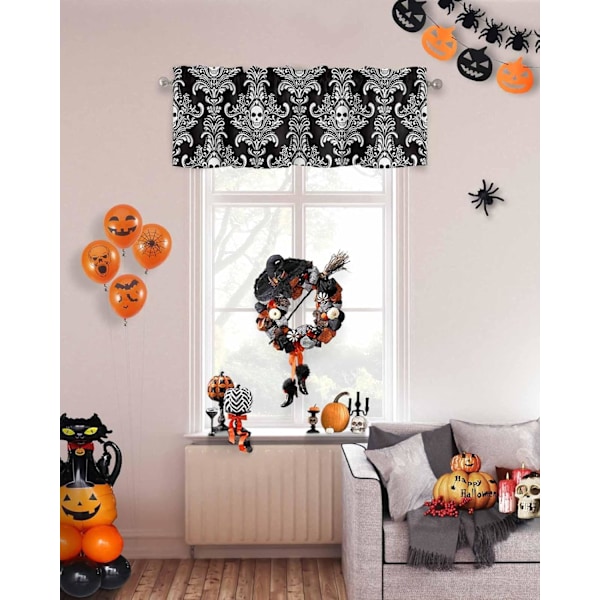 Winow Valance Ro Pocket Panel för kök Beroom Winows Halloween Scary Skl Skeleton amask Flower Valances Kort gardin Badrum Behandling Svart