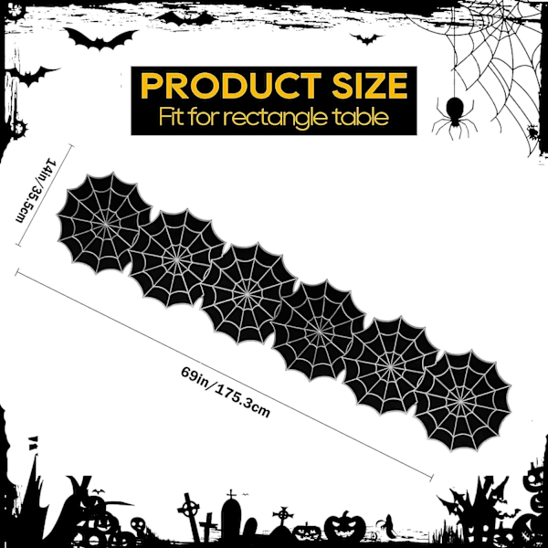 14 x 69 tum, Spindlar Webbordlöpare med broderier, Svart eldstadsschal, Halloweenbordsdekorationer för fester Gotiska läskiga nätter Bla Bla