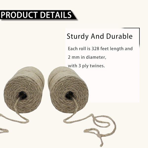 Nature Jute Twine 4-pak, Hver rulle er 328 fod, Naturlig 3-lags snoet snor