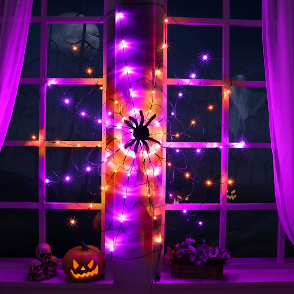 Halloween Spindelvæv Lys med Sort Edderkop, 4.26FT Diameter 84 LED Orange Lilla Web Lys med 8 Tilstande, Vandtæt med Timer Plugin