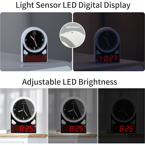 Väckarklocka, Analog klocka & LED digital klocka, Tyst klocka, Ljussensor LED klocka, Snooze, 12 timmar, Väckarklocka för sovrum, vardagsrum, Vit