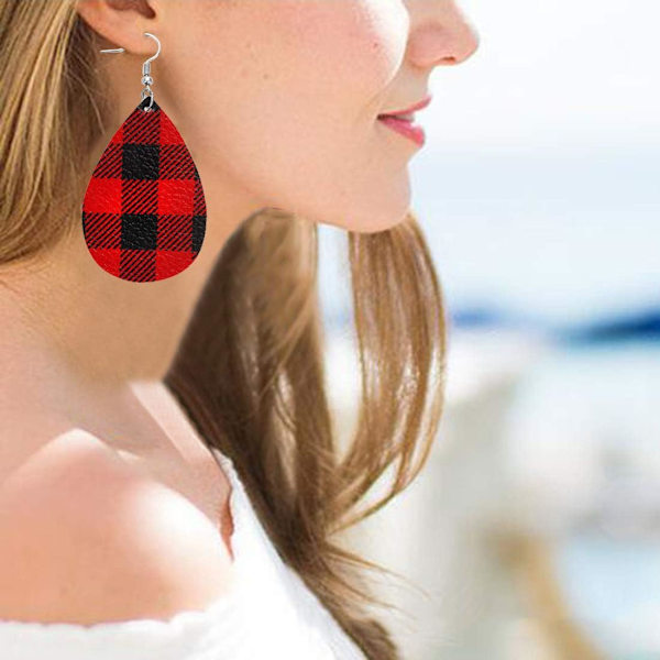 Buffalo Plaid Øredobber for Kvinner, Jule Plaid Øredobber Lett Imitert Lær