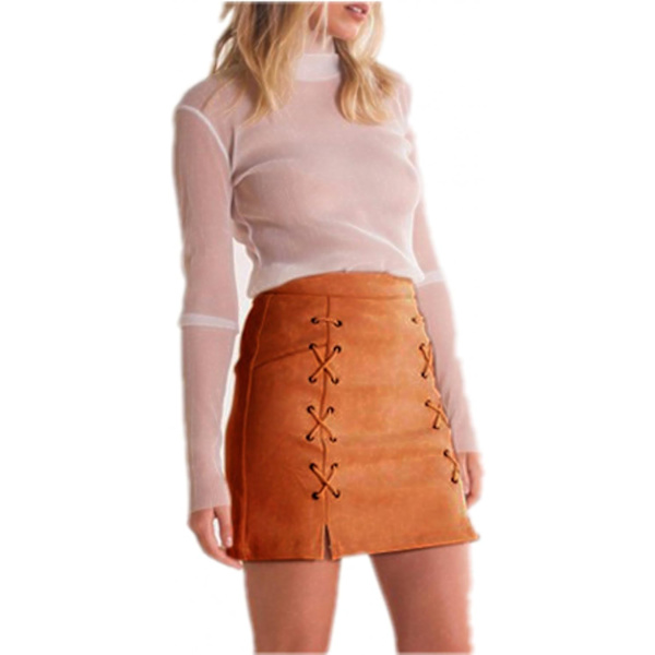 Kvinnors Klassiska Hög Midja Snörning Bodycon Faux Mocka A Linje Mini