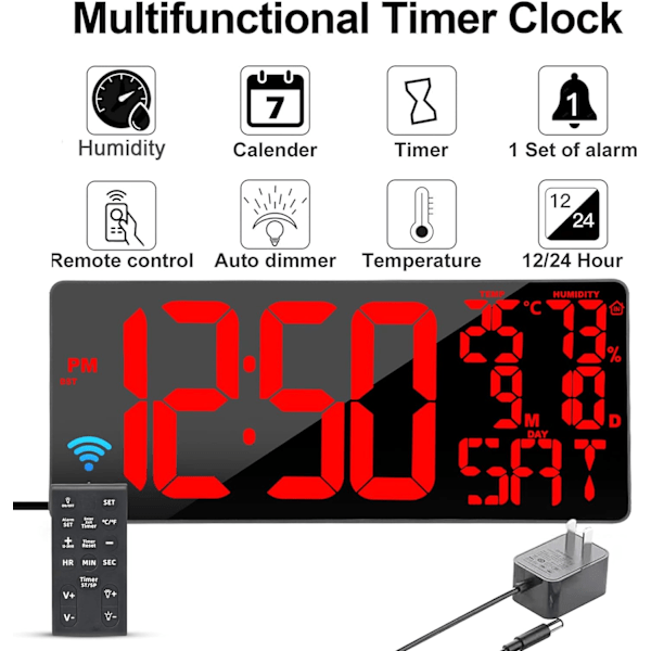 [Oversized] 18\" Stor Digital Væg Ur med Fjernbetjening, Automatisk Dæmpning Digital Ur Stort Display med Dato/Temp/Uge, DST, Alarm, 5.9”Jumbo