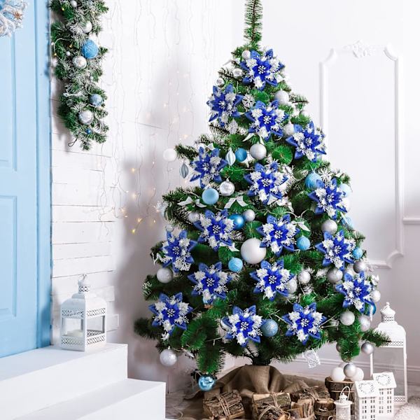 12 st glitter julstjärna konstgjorda julblomsdekorationer blommor