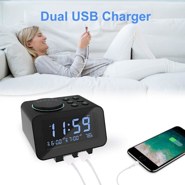 Digital väckarklocka radio-000% dimmer, dubbelalarm i veckodags-/helgläge, 6-tons justerbar volym, FM-radio med sömntimer, snooze, 2 USB